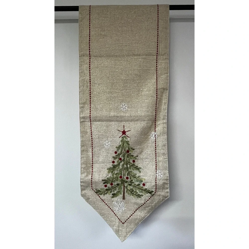 Christmas Tree Embroidered Table Runner Gold Metallic Snowflakes Neutral 72